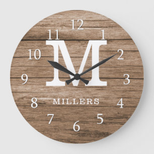 Rustic Wood Farmhouse Family Monogram Large Clock