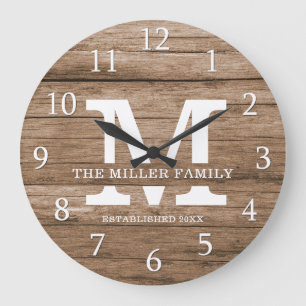 Rustic Wood Farmhouse Family Name Monogram Large Clock