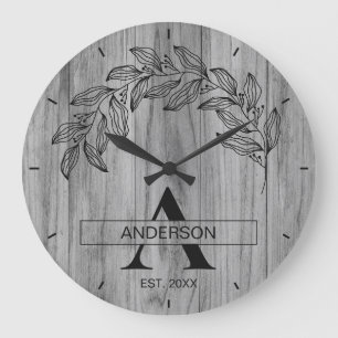 Rustic Wood Farmhouse Family Name Monogrammed Large Clock