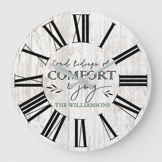 Rustic Wood Farmhouse Greeting Family Name  Large Clock (Front)