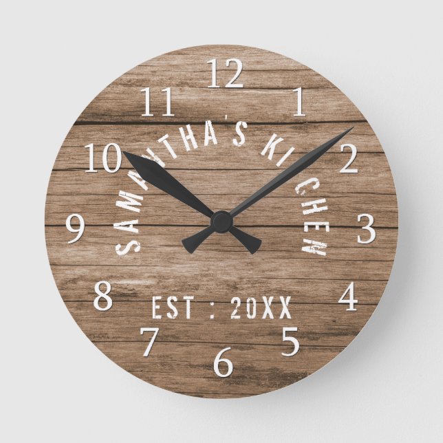 Rustic Wood Farmhouse Kitchen Personalized Round Clock (Front)