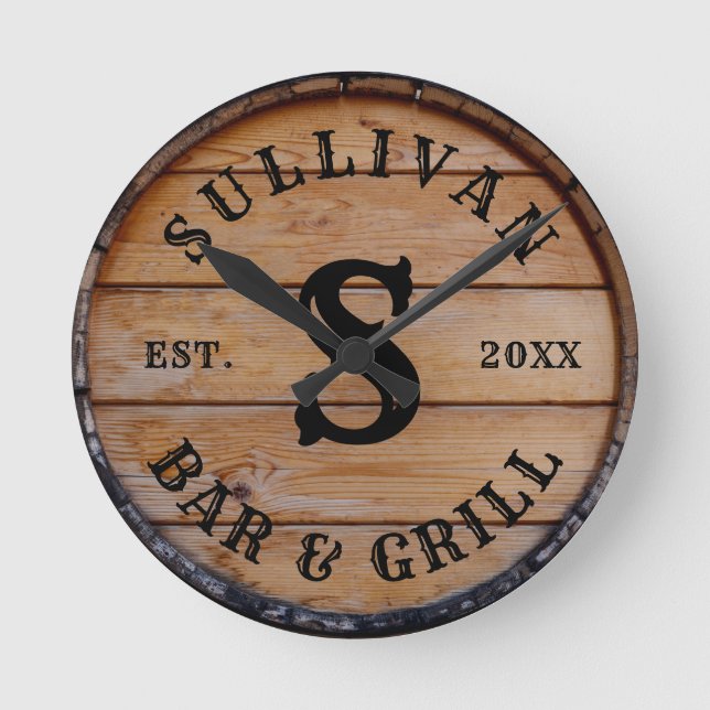 Rustic Wood Farmhouse Personalized Monogram Name Round Clock (Front)