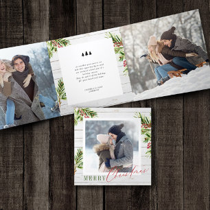 Rustic Wood Farmhouse Watercolor Pine Christmas Tri-Fold Holiday Card