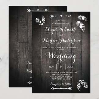 Rustic wood feather simple wedding invitation