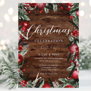 Rustic Wood Festive Wreath Holiday Christmas Party Invitation