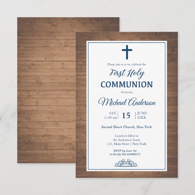 Rustic Wood First Communion Religious event Invitation (Front/Back)