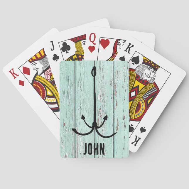 Rustic wood & fish hook, Fisherman aesthetic Playing Cards (Back)