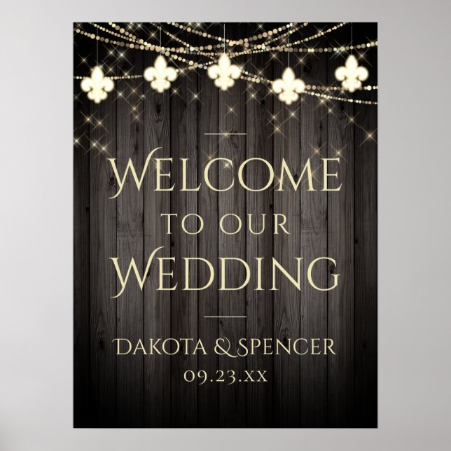 Rustic Wood Fleur de Lis Lights | Wedding Welcome Poster (Front)