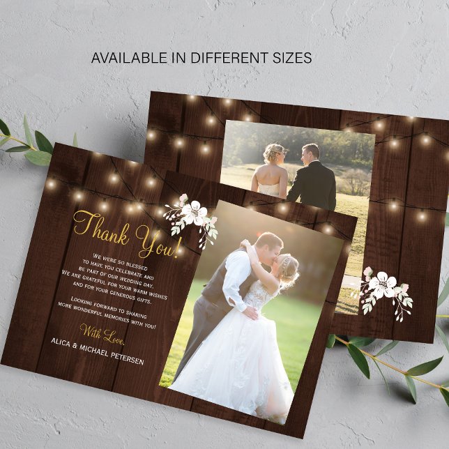 Rustic wood floral 2 photos wedding thank you card (Creator Uploaded)