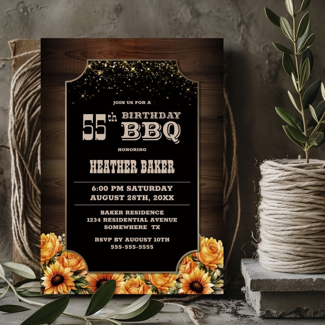 Rustic Wood Floral 55th Birthday BBQ Invitation (Creator Uploaded)