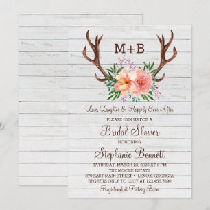 Rustic Wood Floral Antlers Bridal Shower Invitation