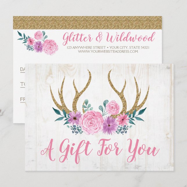 Rustic Wood & Floral Antlers Gift Certificate Card (Front/Back)