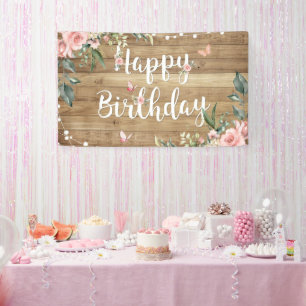 Rustic Wood Floral Birthday Backdrop Pink Flower  Banner