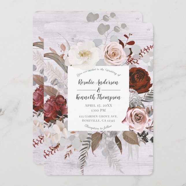 Rustic Wood Floral Blooms Blush Grey Red Wedding Invitation (Front/Back)