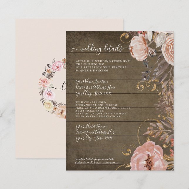 Rustic Wood Floral Blush Rose Gold Wedding Details Invitation (Front/Back)
