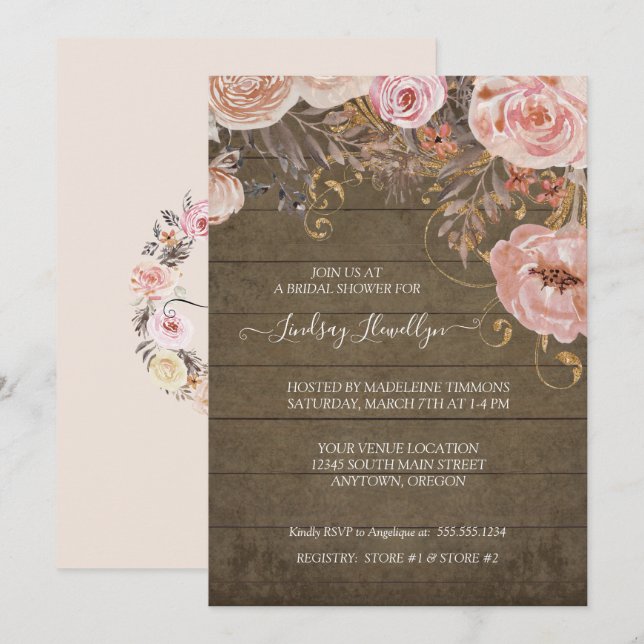 Rustic Wood Floral Boho Rose Gold Bridal Shower Invitation (Front/Back)