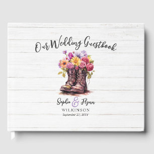 Rustic Wood & Floral Boots Country Farm Wedding Guest Book