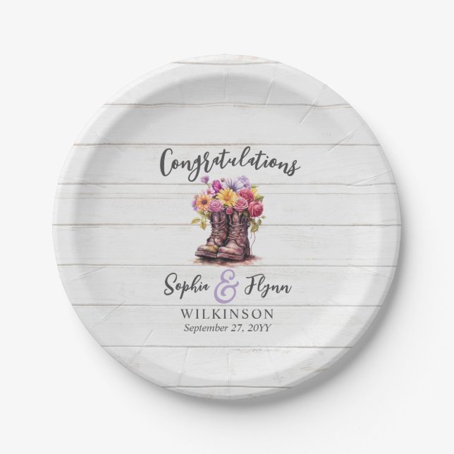 Rustic Wood & Floral Boots Country Farm Wedding Paper Plate (Front)