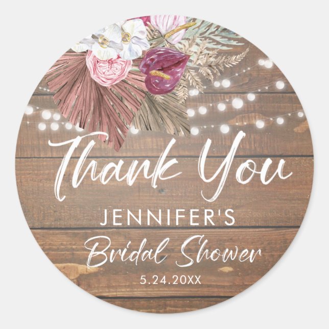 Rustic Wood Floral Bridal Shower Favours Classic Round Sticker (Front)