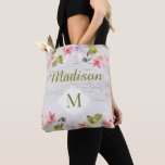 Rustic Wood Floral Bridesmaid Trendy Monogram Tote Bag<br><div class="desc">Our custom monogram tote bag is adorned with a rustic white wood pink and green floral print and white frame for your initial.  Customize with your name and initial.  View our full line of products in our Zazzle store.</div>