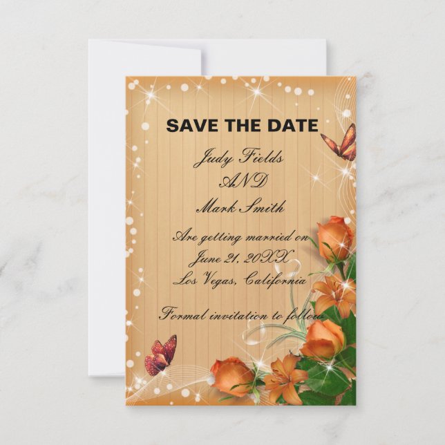 Rustic Wood Floral Butterfly Save The Date Card (Front)