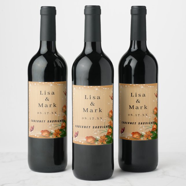 Rustic Wood Floral Butterfly Wedding Wine Label (Bottles)