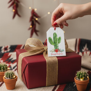 Rustic Wood Floral Cactus Christmas Gift Tags