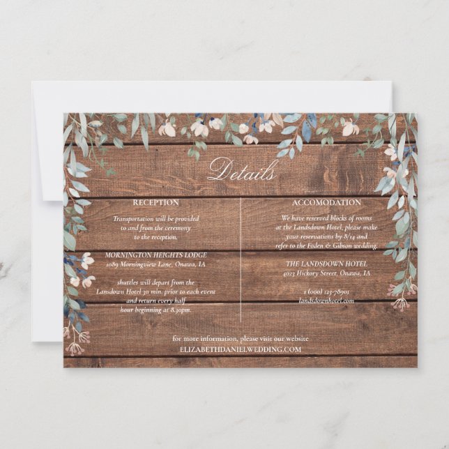 Rustic Wood Floral Cascade Wedding Details Card (Front)