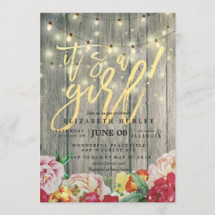 Rustic Wood Floral Chic String Lights Baby Shower Invitation