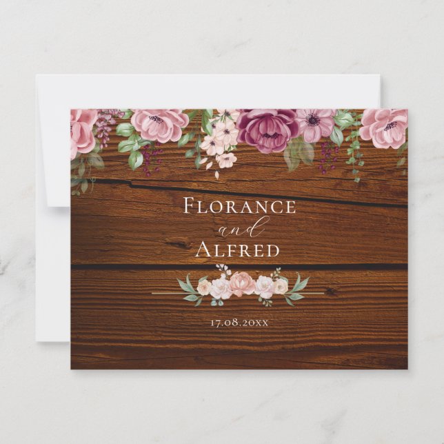Rustic wood floral elegant white maroon wedding  card (Front)