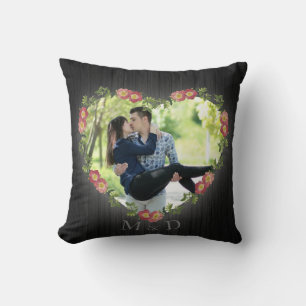 Rustic Wood Floral Heart Photo and Initials Throw Pillow