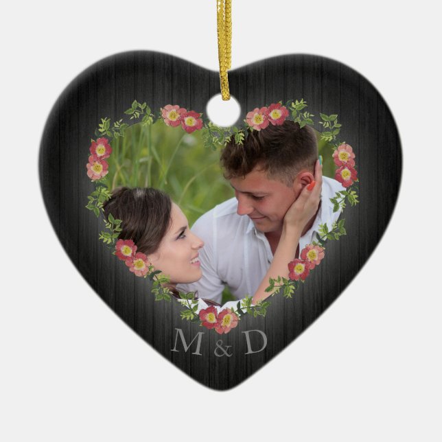 Rustic Wood Floral Heart Photo Ceramic Ornament (Front)