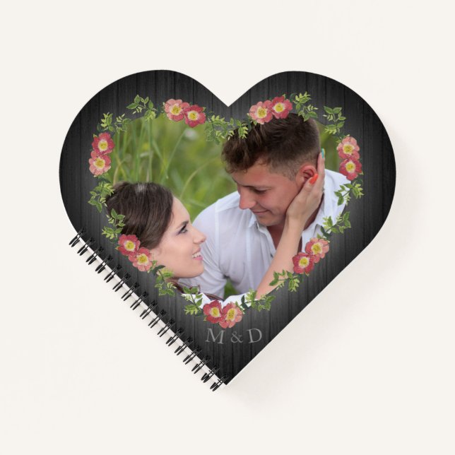 Rustic Wood Floral Heart Photo & Initials Notebook (Front)