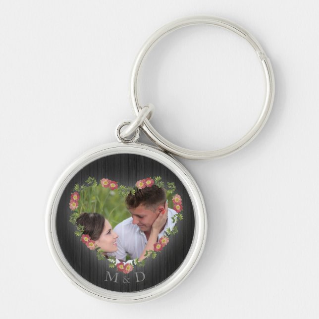 Rustic Wood Floral Heart Photo Keychain (Front)
