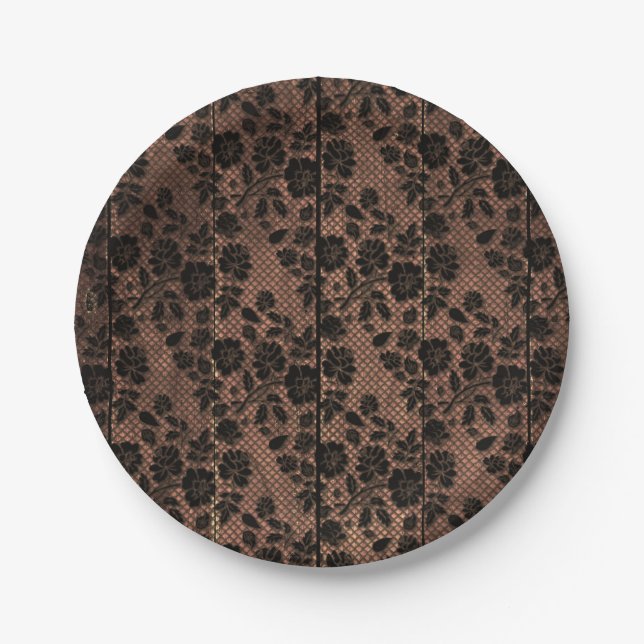 Rustic Wood & Floral Lace Lacy Lingerie Shower Paper Plate (Front)
