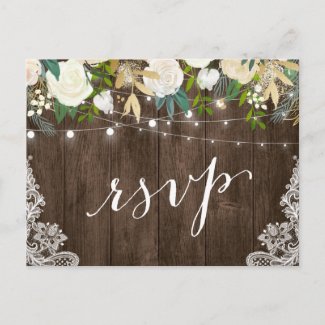 Rustic Wood Floral Lace String Lights Wedding RSVP Invitation Postcard