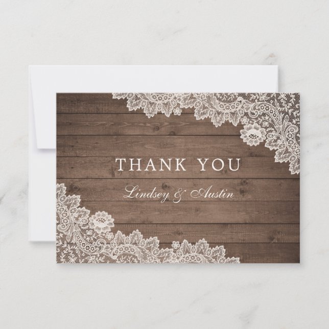 Rustic Wood Floral Lace Wedding Thank You Card (Front)