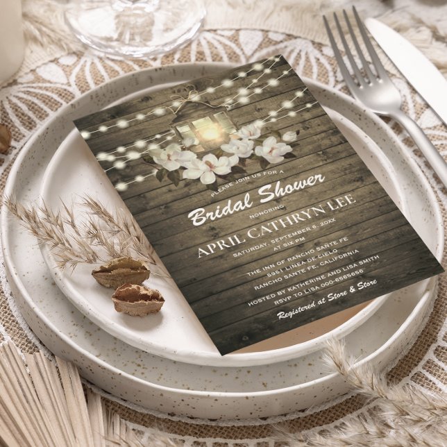 Rustic Wood Floral Lantern Lights Bridal Shower Invitation (Creator Uploaded)