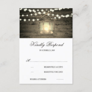 Rustic Wood Floral Lantern Lights Wedding RSVP Card