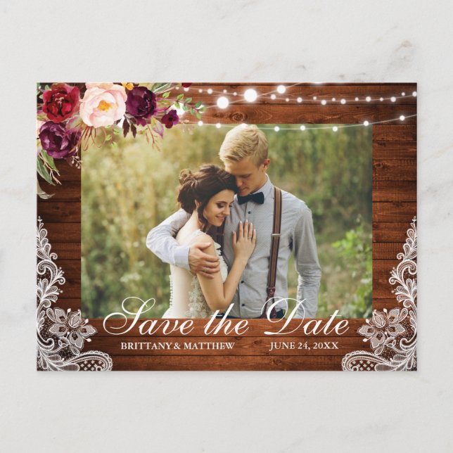 Rustic Wood Floral Lights Lace Photo Save the Date Postcard (Front)