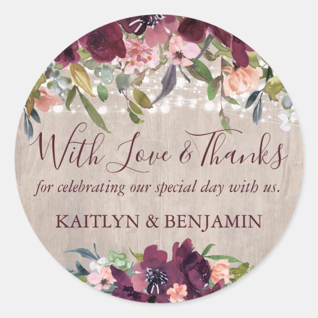 Rustic Wood Floral Lights Wedding Love & Thanks Classic Round Sticker (Front)