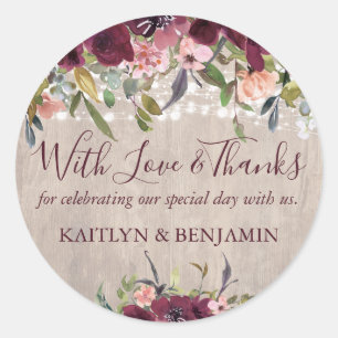 Rustic Wood Floral Lights Wedding Love & Thanks Classic Round Sticker