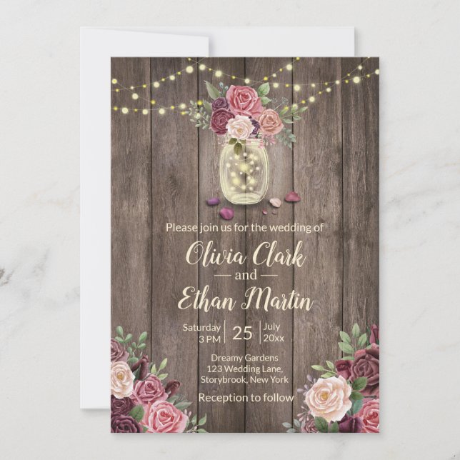 Rustic Wood Floral Mason Jar Invitation (Front)