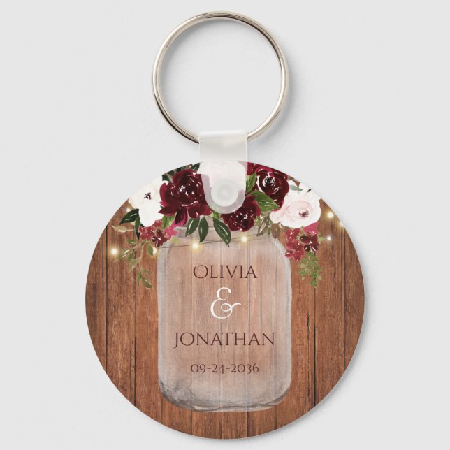 Rustic Wood Floral Mason Jar Lights Wedding Favour Keychain (Front)