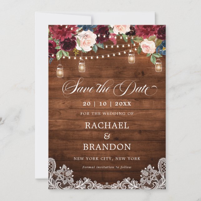 Rustic Wood Floral Mason Jar Save the Date (Front)