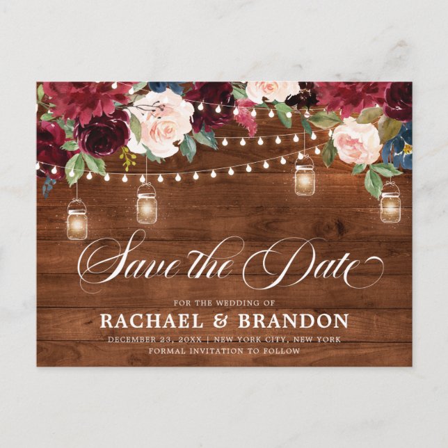 Rustic Wood Floral Mason Jar Save the Date Postcard (Front)
