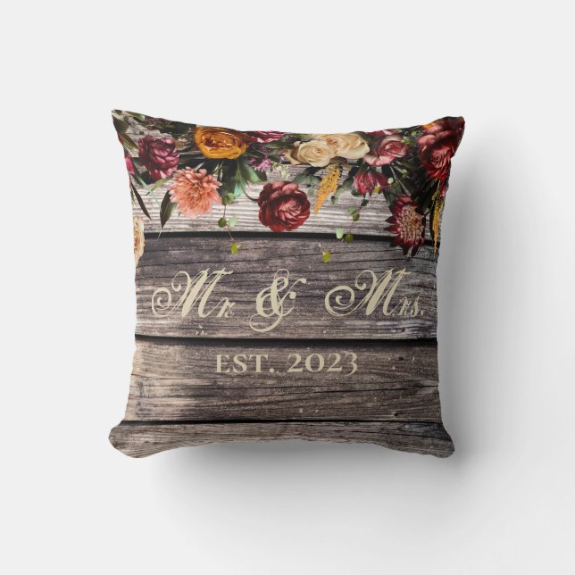 Rustic Wood Floral Mr & Mrs Wedding Keepsake Throw Pillow (Front)