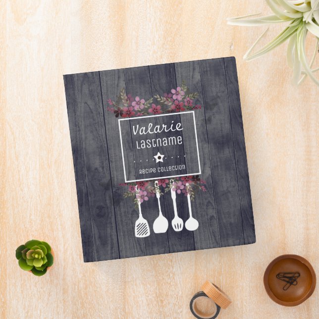 Rustic Wood Floral Personalized Recipe Binder (In Situ)