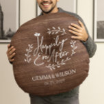 Rustic Wood Floral Personalized Wedding Gift Round Pillow<br><div class="desc">Printed dark wood rustic wedding gift round pillow design that features the words happily ever after in unique script circled by simple laurel leaves with names and wedding dates for you to personalize.</div>