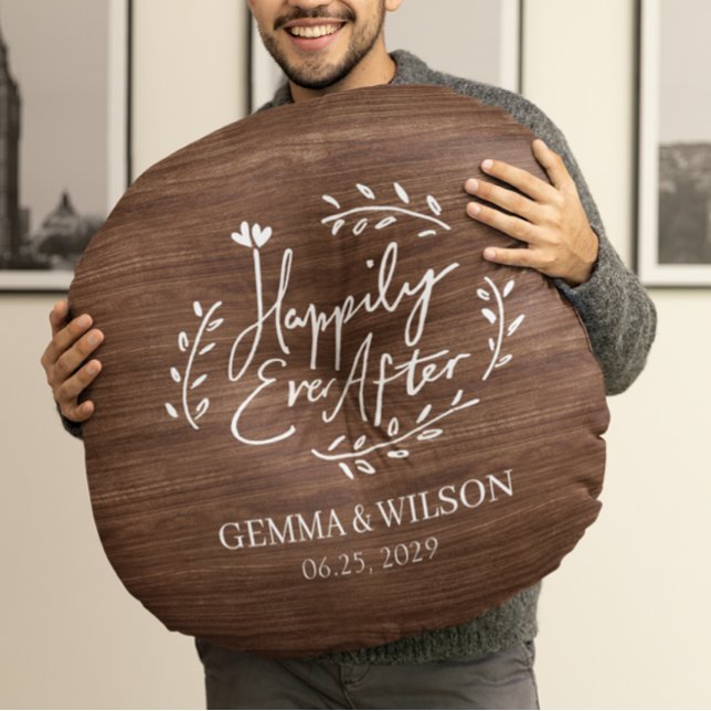 Rustic Wood Floral Personalized Wedding Gift Round Pillow (Creator Uploaded)